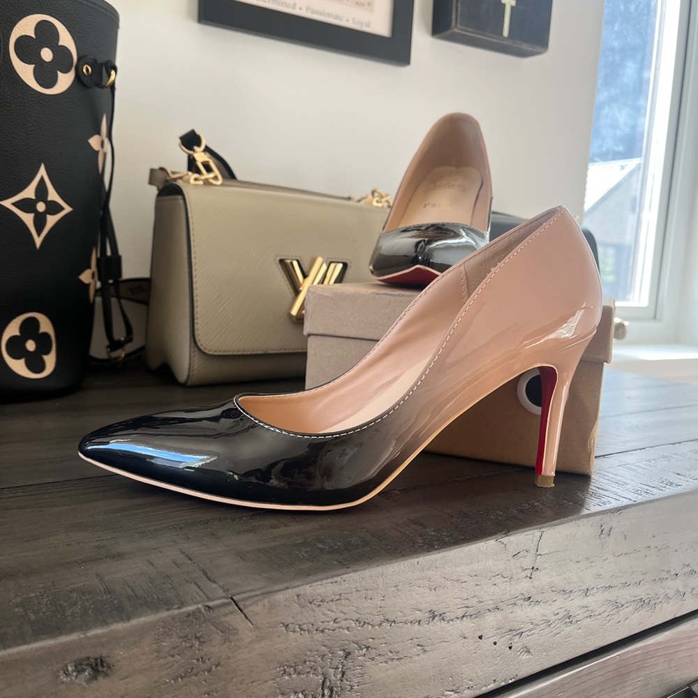 Red bottom,  Black and Nude Patent Leather Pointed-Toe Heels